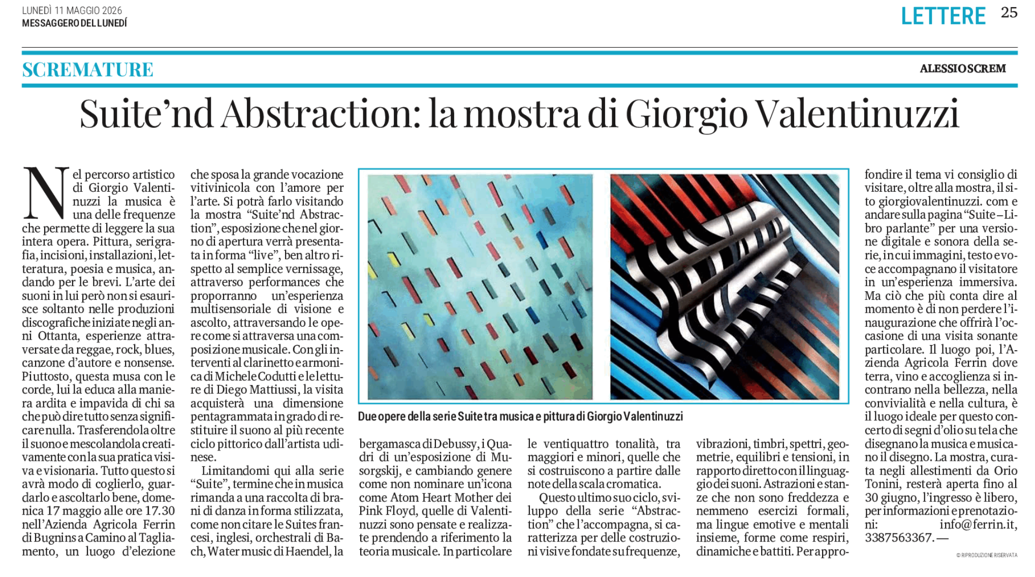Articolo di Alessio Screm sulla mostra Suite’nd Abstraction di Giorgio Valentinuzzi